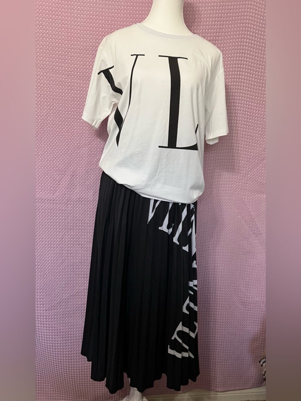 White Shirt & Black Pleated Midi Skirt with White & Black Graphics